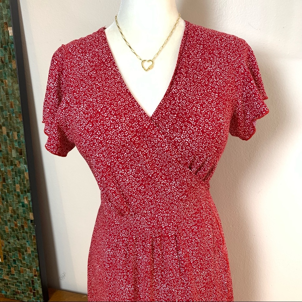 Adorable Red Floral Full Wrap Cap Sleeve Midi Dress - Picture 3 of 11